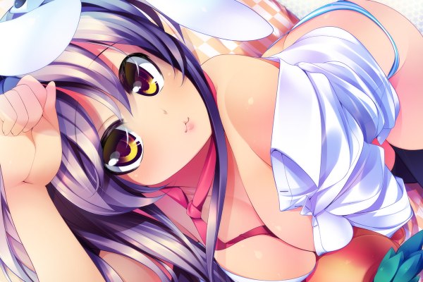 Anime picture 1200x800 with touhou reisen udongein inaba dragonmaterial long hair looking at viewer breasts light erotic yellow eyes purple hair bunny ears bunny girl girl underwear panties shirt