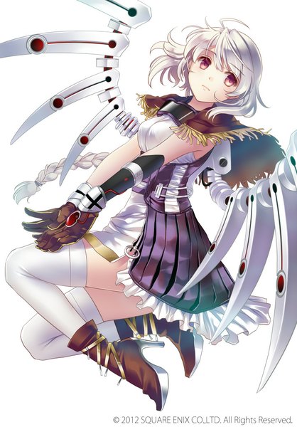 Anime picture 723x1038 with original nacht single tall image short hair simple background white background looking away ahoge white hair high heels weightlessness mecha musume mechanical wings girl thighhighs dress gloves white thighhighs wings