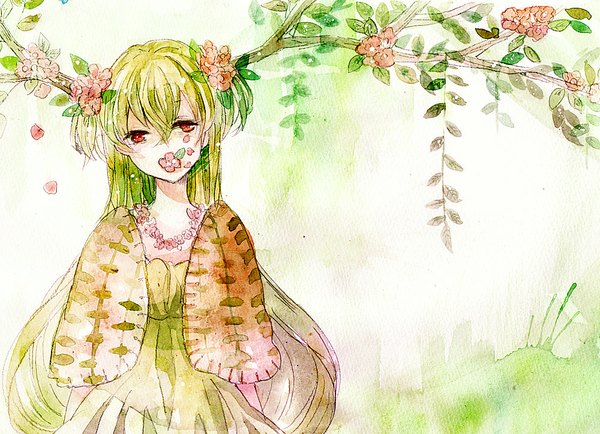Anime picture 1000x724 with original shiratsuyu single long hair looking at viewer red eyes horn (horns) green hair green background traditional media watercolor (medium) girl flower (flowers) plant (plants) petals branch