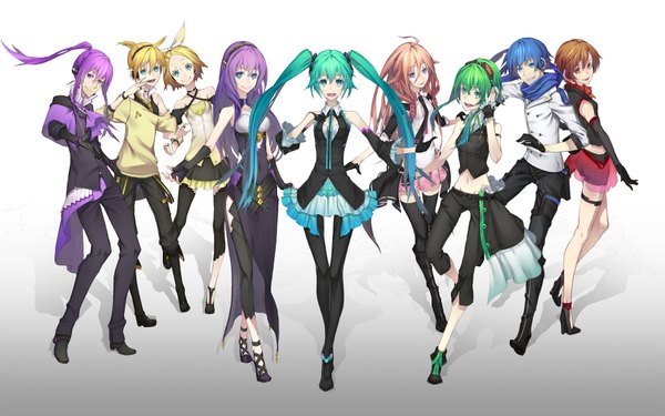 Anime picture 1920x1200 with vocaloid hatsune miku megurine luka kagamine rin kagamine len gumi kaito (vocaloid) meiko ia (vocaloid) kamui gakupo yucca-612 (neco) long hair looking at viewer highres short hair open mouth blue eyes blonde hair smile brown hair