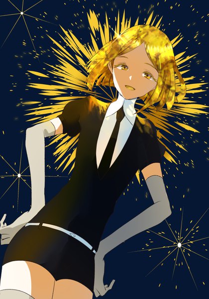Anime picture 1948x2780 with houseki no kuni yellow diamond (houseki no kuni) kayanogura single tall image looking at viewer highres short hair open mouth blonde hair yellow eyes puffy sleeves shaded face hands on hips androgynous thighhighs gloves necktie elbow gloves belt