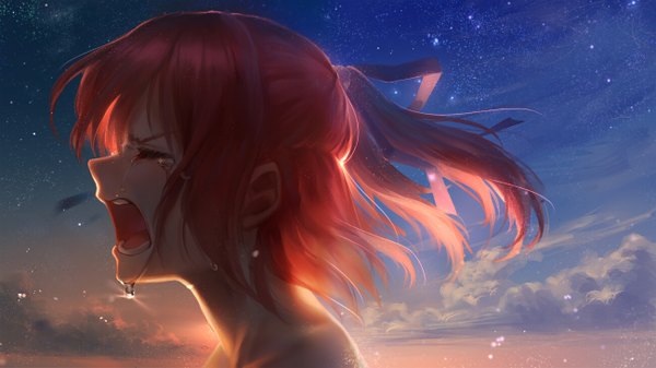 Anime picture 1300x731 with original yuket single fringe short hair open mouth wide image cloud (clouds) upper body ponytail eyes closed profile wind sunlight orange hair night teeth night sky tears evening