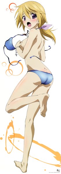 Anime picture 2002x5715 with infinite stratos 8bit charles dunois single long hair tall image blush highres breasts open mouth light erotic blonde hair white background purple eyes barefoot official art bare legs girl swimsuit bikini