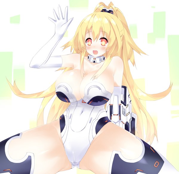 Anime picture 2000x1940 with choujigen game neptune kami jigen game neptune v pish huatu jiang single long hair looking at viewer blush highres breasts open mouth light erotic blonde hair large breasts orange eyes spread legs girl gloves navel elbow gloves