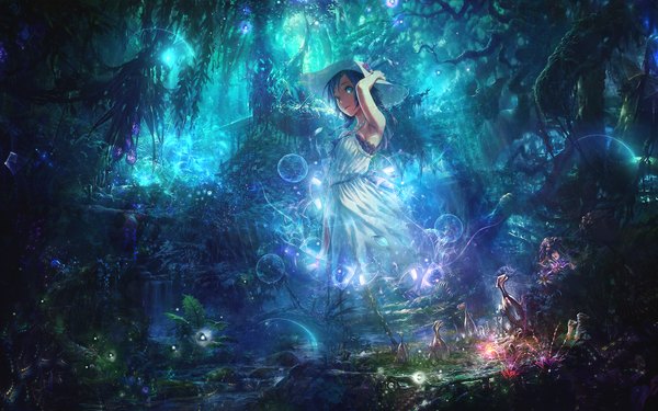 Anime picture 1920x1200 with original shuxing li single looking at viewer fringe highres short hair blue eyes bare shoulders blue hair outdoors braid (braids) arm up armpit (armpits) turning head hand on head fantasy scenic adjusting hat glow