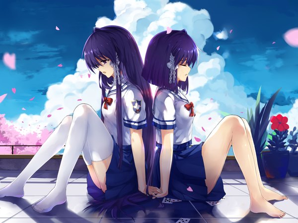Anime picture 4000x3000 with clannad key (studio) fujibayashi kyou fujibayashi ryou baisi shaonian long hair highres short hair sitting purple eyes multiple girls absurdres purple hair cloud (clouds) eyes closed profile barefoot girl thighhighs skirt