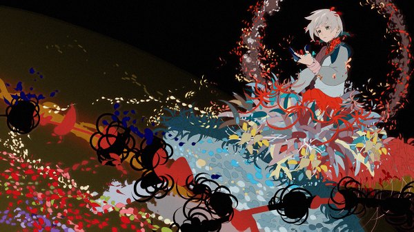 Anime picture 1200x675 with original kaisen single fringe short hair blonde hair wide image looking away wind grey hair dissolving girl flower (flowers) petals