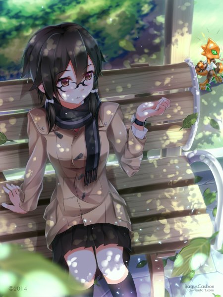 Anime picture 900x1200 with sword art online a-1 pictures asada shino dmith (baguscasbon) single tall image short hair black hair red eyes sitting girl skirt socks glasses jacket scarf leaf (leaves) black socks bench