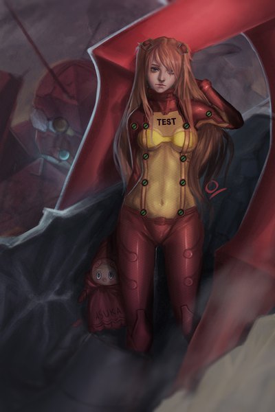 Anime picture 840x1260 with neon genesis evangelion gainax soryu asuka langley ocetee single long hair tall image looking at viewer fringe light erotic hair between eyes standing full body arm up hair over one eye orange hair realistic inscription grey eyes character names