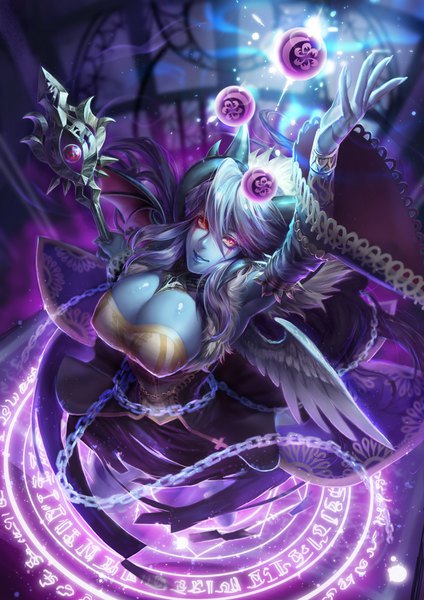 Anime picture 724x1024 with puzzle & dragons zeroshiki kouichi single long hair tall image fringe breasts light erotic smile hair between eyes red eyes holding cleavage purple hair multicolored hair horn (horns) lips grey hair wide sleeves sparkle
