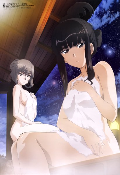 Anime picture 4079x5947 with girls und panzer megami magazine shimada chiyo nishizumi shiho jitsuhara noboru tall image looking at viewer highres breasts light erotic black hair multiple girls absurdres grey hair night official art alternate hairstyle covering hair up nude cover
