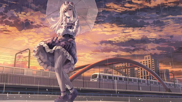 Anime picture 1350x758 with original huanxiang huifeng single long hair looking at viewer blush blue eyes blonde hair smile wide image standing holding sky cloud (clouds) full body outdoors long sleeves head tilt wind black eyes