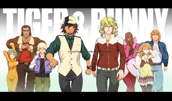 Anime picture 2517x1482 with tiger & bunny sunrise (studio) kaburagi t. kotetsu barnaby brooks jr. ivan karelin keith goodman karina lyle pao-lin huang antonio lopez nathan seymour oonotutomu highres short hair blonde hair brown hair wide image multiple girls pink hair grey hair orange hair