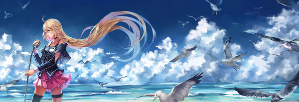 Anime picture 1800x615 with vocaloid ia (vocaloid) ryuu32 single open mouth blue eyes blonde hair wide image bare shoulders holding looking away pink hair sky cloud (clouds) ahoge braid (braids) very long hair profile pleated skirt multicolored hair