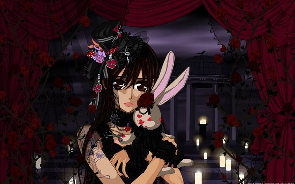 Anime picture 1920x1200 with vampire knight studio deen cross yuki cilou (artist) long hair highres brown hair wide image brown eyes night gothic girl hair ornament flower (flowers) hat rose (roses) toy stuffed animal bunny candle (candles)
