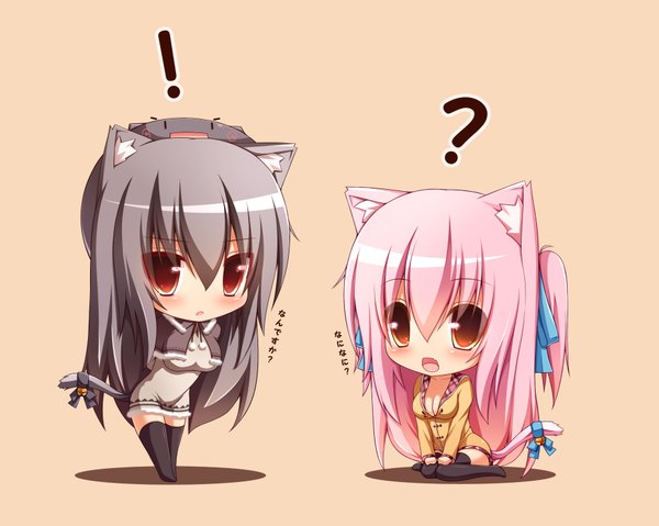 Anime picture 3713x2970 with original shia flatpaddy mia flatpaddy syroh long hair blush highres open mouth black hair red eyes sitting multiple girls animal ears pink hair absurdres cat ears cat girl cat tail chibi ?