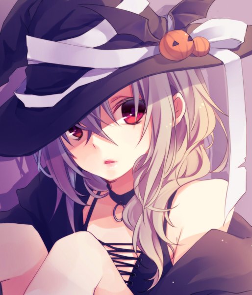 Anime picture 1200x1400 with original kuroi (liar-player) single long hair tall image looking at viewer blush fringe open mouth simple background hair between eyes red eyes sitting bare shoulders bent knee (knees) parted lips grey hair bare legs shaded face halloween
