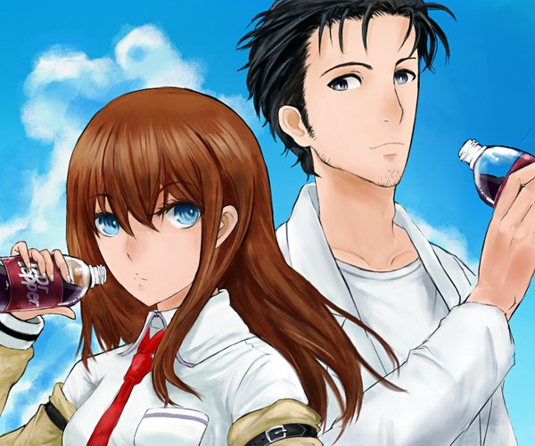 Anime picture 1440x1200 with steins;gate white fox dr pepper makise kurisu okabe rintarou jyairo blue eyes black hair brown hair sky cloud (clouds) black eyes product placement bristle necktie jacket bottle