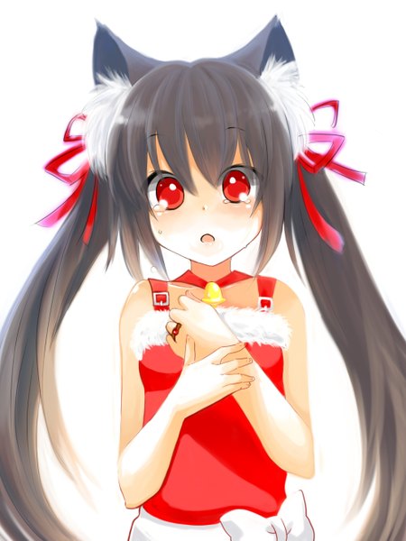 Anime picture 1000x1333 with pangya kooh mosho single long hair tall image open mouth black hair simple background red eyes white background twintails animal ears cat ears tears girl ribbon (ribbons) hair ribbon bell