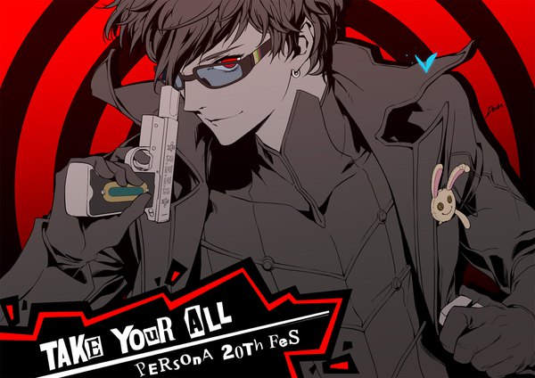 Anime picture 2000x1414 with persona 5 persona amamiya ren denkichi single highres short hair black hair smile red eyes holding head tilt inscription open jacket piercing turning head ear piercing red background boy gloves