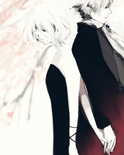 Anime picture 800x1000 with original futami jun tall image short hair bare shoulders white hair eyes closed grey hair black eyes couple tears holding hands back to back sad girl dress boy black dress suit