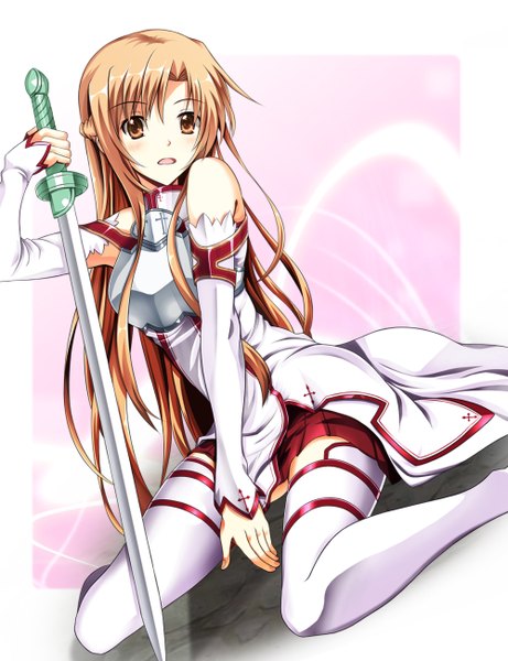 Anime picture 1000x1300 with sword art online a-1 pictures yuuki asuna kagura yuuto single long hair tall image brown hair brown eyes girl thighhighs skirt weapon detached sleeves miniskirt white thighhighs sword