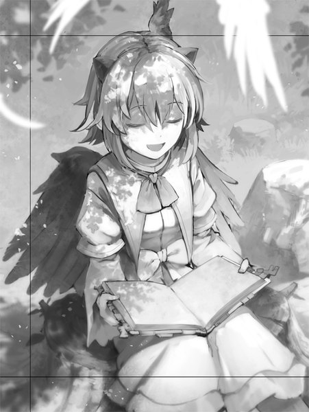 Anime picture 700x931 with touhou tokiko (touhou) eho (icbm) single tall image fringe short hair open mouth smile hair between eyes sitting eyes closed long sleeves horn (horns) wide sleeves puffy sleeves monochrome black wings head wings reading