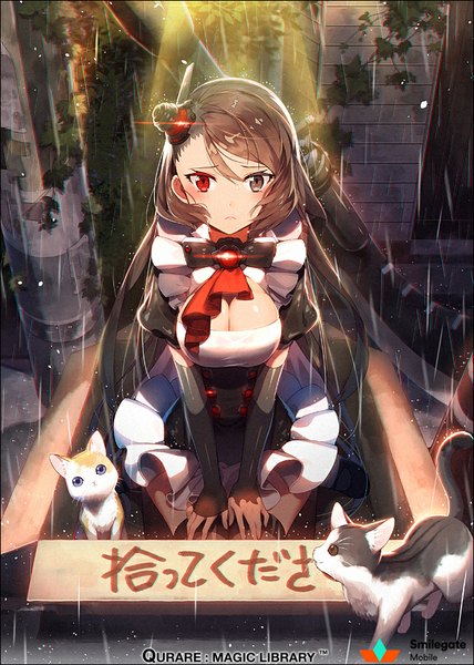 Anime picture 640x896 with qurare: magic library haal9000 hakusai (tiahszld) single long hair tall image looking at viewer blush fringe breasts blue eyes red eyes brown hair large breasts sitting brown eyes looking away cleavage bent knee (knees) outdoors