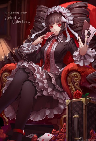 Anime picture 900x1316 with dangan ronpa celestia ludenberg jurrig single tall image fringe black hair smile red eyes twintails holding bent knee (knees) indoors long sleeves very long hair nail polish wide sleeves character names crossed legs drill hair