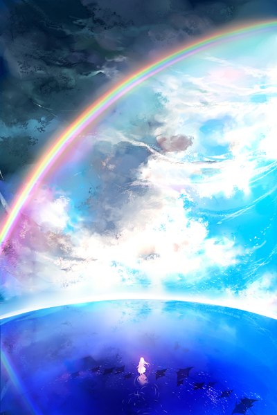 Anime picture 1000x1500 with original yuumei long hair tall image sky cloud (clouds) white hair from above from behind landscape walking girl animal water bird (birds) fish (fishes) rainbow