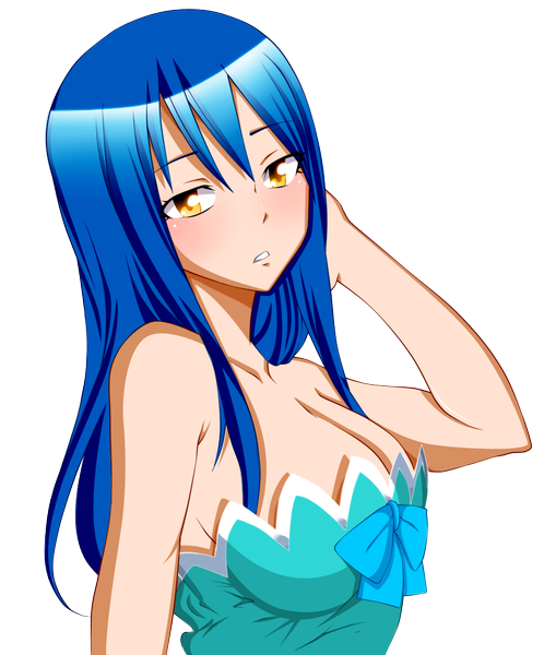 Anime picture 900x1060 with fairy tail wendy (edolas) xsnowcoolx single long hair tall image blush breasts large breasts bare shoulders yellow eyes blue hair coloring adjusting hair transparent background girl