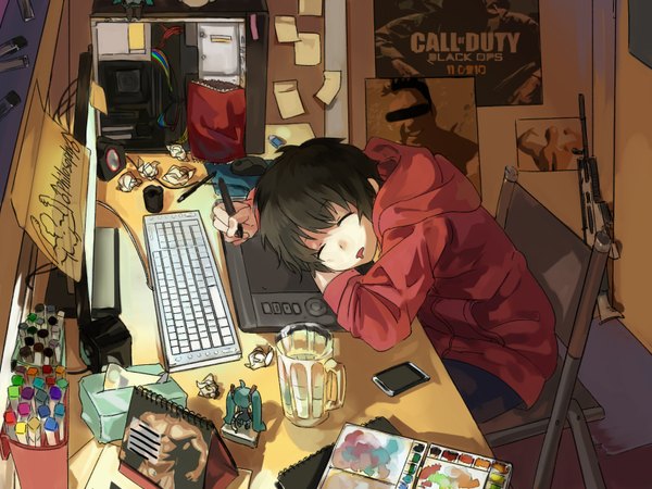 Anime picture 1600x1200 with call of duty original vocaloid hatsune miku rff (3 percent) single fringe short hair open mouth black hair sitting eyes closed sleeping boy weapon jacket gun hood chair mobile phone