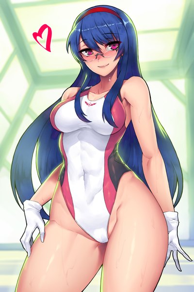 Anime picture 1500x2250 with gakuen taisen valkyries sabra greengold jjune single long hair tall image looking at viewer blush breasts light erotic purple eyes blue hair girl gloves swimsuit glasses white gloves headband one-piece swimsuit competition swimsuit