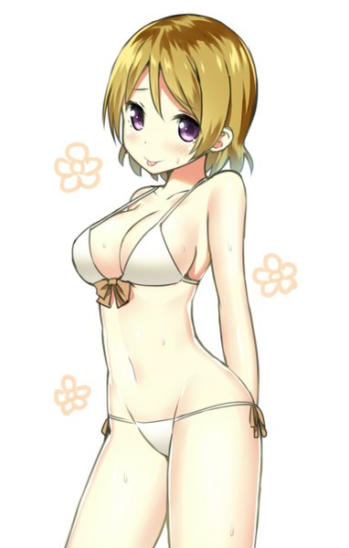 Anime picture 765x1200 with love live! school idol project sunrise (studio) love live! hoshizora rin sky-freedom single tall image looking at viewer blush short hair breasts light erotic brown hair purple eyes bare belly sideboob :p girl flower (flowers) swimsuit