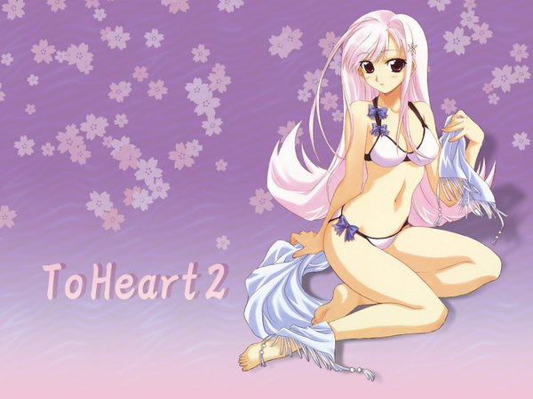 Anime picture 1600x1200 with to heart 2 leaf (studio) lucy maria misora single long hair light erotic brown eyes pink hair floral background skin tight girl hair ornament flower (flowers) ribbon (ribbons) swimsuit bikini hairclip white bikini