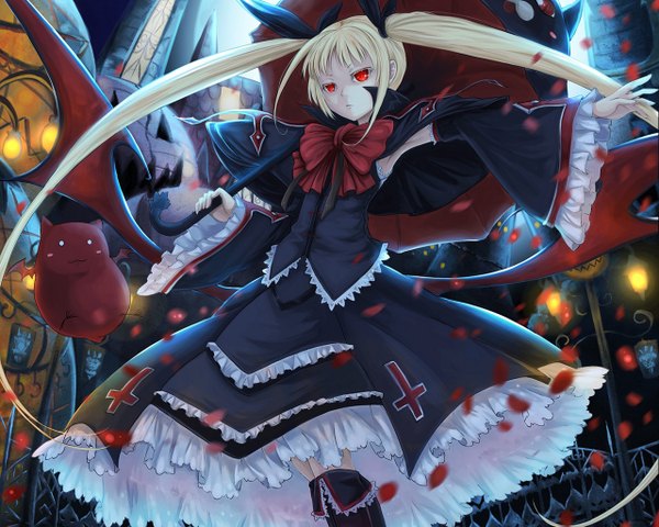 Anime picture 1280x1024 with blazblue rachel alucard gii single long hair blonde hair red eyes twintails armpit (armpits) loli bat wings goth-loli girl dress bow ribbon (ribbons) hair ribbon boots umbrella fence