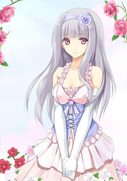 Anime picture 1748x2480 with idolmaster shijou takane konimaru single long hair tall image highres simple background white hair pink eyes hair flower girl dress hair ornament flower (flowers)