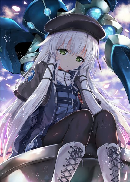 Anime picture 622x870 with eiyuu densetsu altina orion kibasuke long hair tall image looking at viewer fringe hair between eyes sitting green eyes sky bent knee (knees) white hair shadow crossed legs light lacing shiny clothes girl dress
