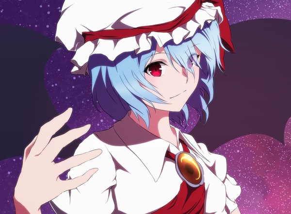 Anime picture 1491x1100 with touhou remilia scarlet aono meri single looking at viewer short hair red eyes blue hair light smile wind portrait girl wings bonnet brooch hand