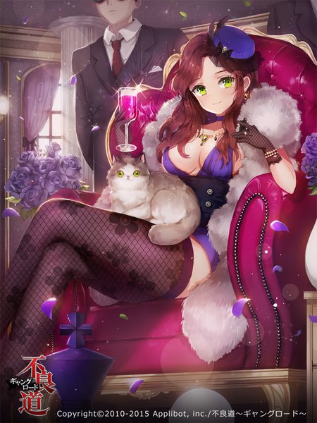 Anime picture 750x999 with furyou michi ~gang road~ dangmill long hair tall image looking at viewer blush breasts light erotic smile brown hair standing sitting holding green eyes bent knee (knees) indoors sunlight mole mole under eye crossed legs