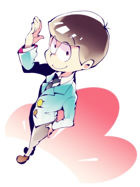 Anime picture 900x1200 with osomatsu-san matsuno osomatsu dossei single tall image looking at viewer short hair simple background smile red eyes brown hair white background full body ahoge from above hand on hip formal boy