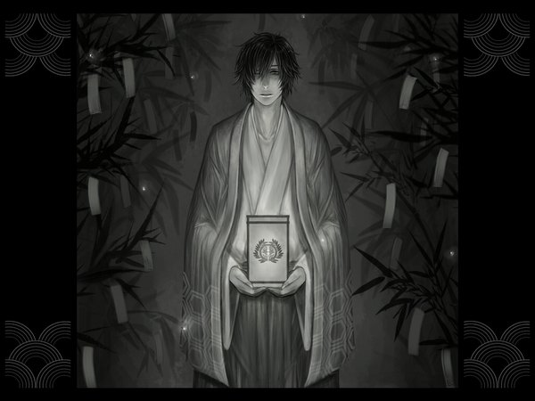 Anime picture 1024x768 with sengoku basara production i.g date masamune su-jinko single short hair black hair japanese clothes monochrome boy plant (plants) kimono eyepatch fireflies