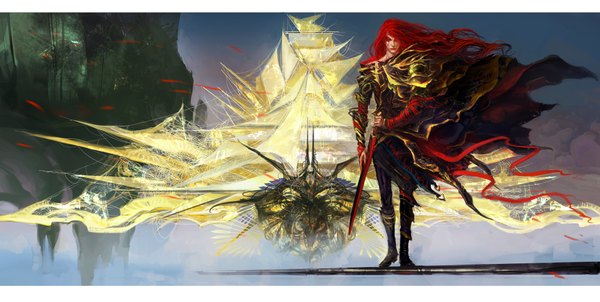 Anime picture 1986x1000 with original anndr (artist) single long hair highres red eyes wide image red hair boy weapon sword armor aircraft watercraft ship airship