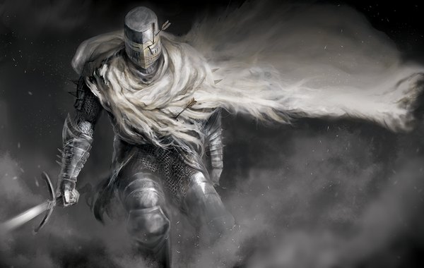 Anime picture 1200x761 with dark souls (series) dark souls dark souls 2 from software knight of heide nukotama single looking at viewer game cg bent knee (knees) smoke knight broken weapon boy weapon sword armor cape cloak helmet