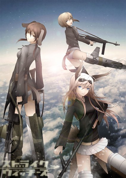 Anime picture 1000x1414 with strike witches erica hartmann gertrud barkhorn hanna-justina marseille kyoeiki long hair tall image short hair blue eyes light erotic brown hair multiple girls brown eyes animal ears sky tail animal tail inscription flying mechanical parts