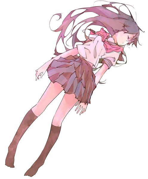 Anime picture 1185x1433 with original delaney single long hair tall image simple background white background eyes closed grey hair no shoes weightlessness girl skirt uniform school uniform miniskirt socks serafuku black socks