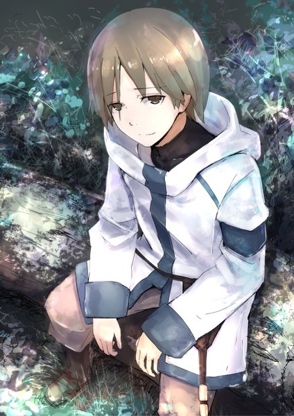 Anime picture 1488x2105 with hai to gensou no grimgar a-1 pictures manato (grimgar) mankun single tall image looking at viewer fringe short hair blonde hair sitting brown eyes long sleeves head tilt light smile from above nature boy plant (plants) tree (trees)