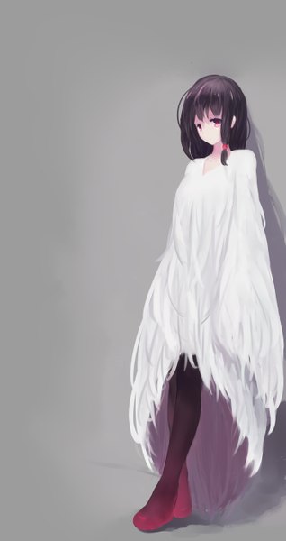 Anime picture 2918x5499 with original pixiv fantasia pixiv fantasia t kisei2 single long hair tall image looking at viewer fringe highres simple background red eyes brown hair standing full body grey background shadow crossed legs expressionless against wall