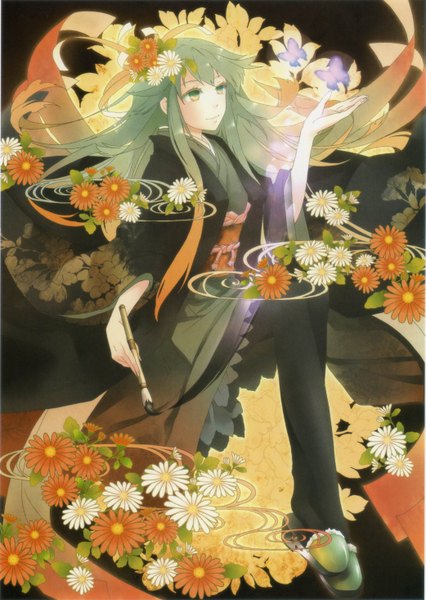 Anime picture 2081x2928 with pixiv girls collection 2010 plastick long hair tall image highres sitting green eyes japanese clothes hair flower green hair light smile black background light girl hair ornament flower (flowers) shoes kimono insect butterfly