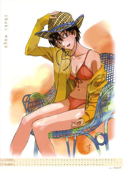 Anime picture 4938x6876 with neon genesis evangelion gainax ibuki maya single tall image highres short hair open mouth brown hair sitting absurdres scan open clothes calendar 2011 girl swimsuit hat bikini straw hat